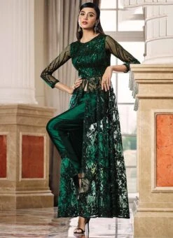 Bottle Green Net Sequins Embroidered Anarkali Suit Party Wear -ZariGrace Shop bottle green net sequins embroidered anarkali suit slsak31764833 u