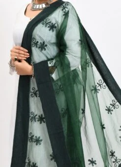 Bottle Green Organza Cotton Chikankari Embroidery Dupatta Work Wear
