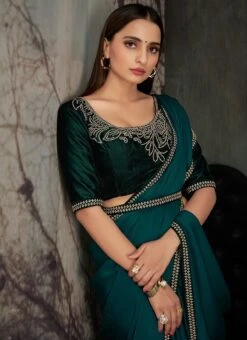 Bottle Green Satin Georgette Tikki Work Saree Party Wear -ZariGrace Shop bottle green satin georgette tikki work saree sasnf5947 b