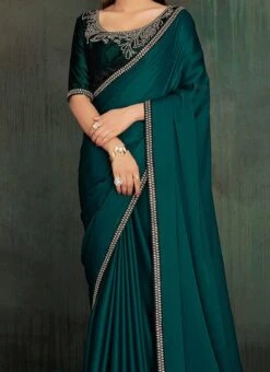 Bottle Green Satin Georgette Tikki Work Saree Party Wear