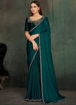 Bottle Green Satin Georgette Tikki Work Saree Party Wear -ZariGrace Shop bottle green satin georgette tikki work saree sasnf5947 u