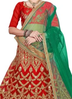 Bright Red Net Embroidered A Line Lehenga Wedding Wear