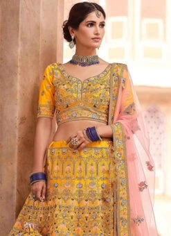 Bright Yellow Crepe Heavy Embroidered N Sequins Umbrella Lehenga Wedding Wear -ZariGrace Shop bright yellow crepe heavy embroidered n sequins umbrella lehenga ghsaj42308506 b