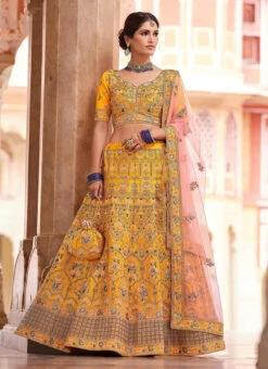 Bright Yellow Crepe Heavy Embroidered N Sequins Umbrella Lehenga Wedding Wear -ZariGrace Shop bright yellow crepe heavy embroidered n sequins umbrella lehenga ghsaj42308506 u