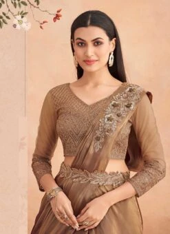 Brown Chinon Silk Embroidered Ready Pleated Saree Party Wear -ZariGrace Shop brown chinon silk embroidered ready pleated saree saska36367304a b