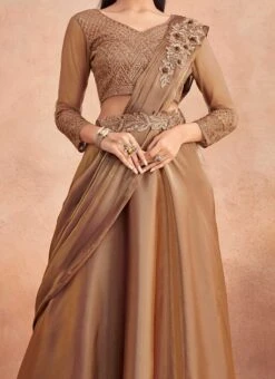 Brown Chinon Silk Embroidered Ready Pleated Saree Party Wear