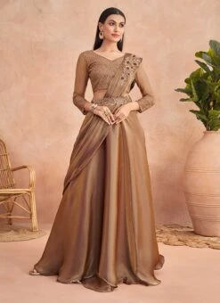 Brown Chinon Silk Embroidered Ready Pleated Saree Party Wear -ZariGrace Shop brown chinon silk embroidered ready pleated saree saska36367304a u