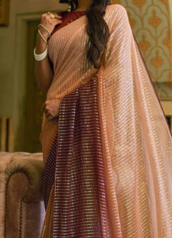 Brown Georgette Sequins Embroidery Saree Party Wear