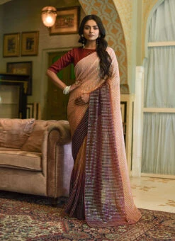 Brown Georgette Sequins Embroidery Saree Party Wear -ZariGrace Shop brown georgette sequins embroidery saree sasacu7586 u