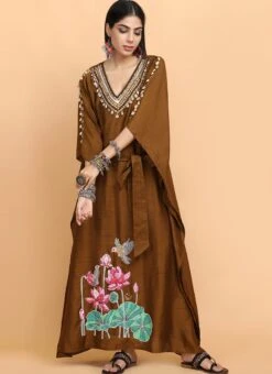 Brown Handpainted Kaftan Set Party Wear -ZariGrace Shop brown handpainted kaftan set kfdasct174 u