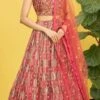 Coral Red Organza Embroidered Printed Umbrella Lehenga Party Wear -ZariGrace Shop brown organza embroidered printed umbrella lehenga ghsacw7997 l