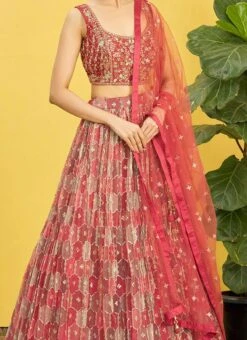 Coral Red Organza Embroidered Printed Umbrella Lehenga Party Wear