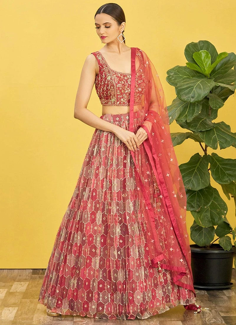 Coral Red Organza Embroidered Printed Umbrella Lehenga Party Wear 5 Coral Red Organza Embroidered Printed Umbrella Lehenga Party Wear - Image 3