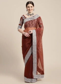 Brown Organza Saree Party Wear -ZariGrace Shop brown organza saree sasacu8851 u