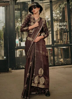 Brown Satin Blend Zari Saree Festive Wear -ZariGrace Shop brown satin blend zari saree sasli2163344003 u