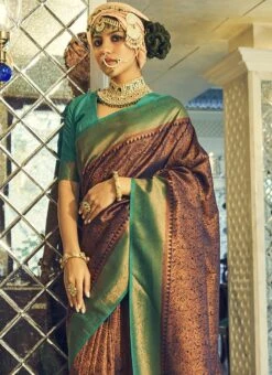 Brown Silk Zari Work Saree Festive Wear -ZariGrace Shop brown silk zari work saree samam1508 b