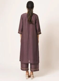Brownish Purple Pure Chanderi Silk Embroidered Kurta Semi Palazzo Set Party Wear -ZariGrace Shop brownish purple pure chanderi silk embroidered kurta semi palazzo set krsdvcsvks42 b