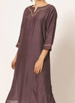 Brownish Purple Pure Chanderi Silk Embroidered Kurta Semi Palazzo Set Party Wear