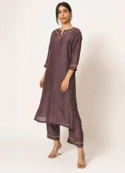 Brownish Purple Pure Chanderi Silk Embroidered Kurta Semi Palazzo Set Party Wear -ZariGrace Shop brownish purple pure chanderi silk embroidered kurta semi palazzo set krsdvcsvks42 u