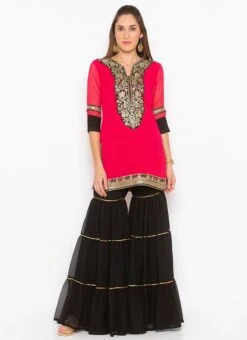 Candy Pink Georgette Embroidered Kurta Sharara Set After Six Wear -ZariGrace Shop candy pink georgette embroidered kurta sharara set krsmnc1995ks u
