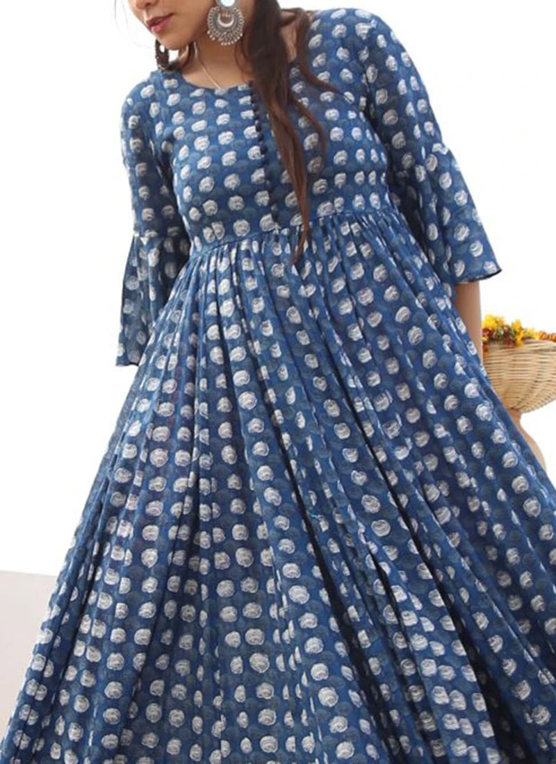 Cobalt Blue Cotton Printed Anarkali Gown After Six Wear 3 Cobalt Blue Cotton Printed Anarkali Gown After Six Wear