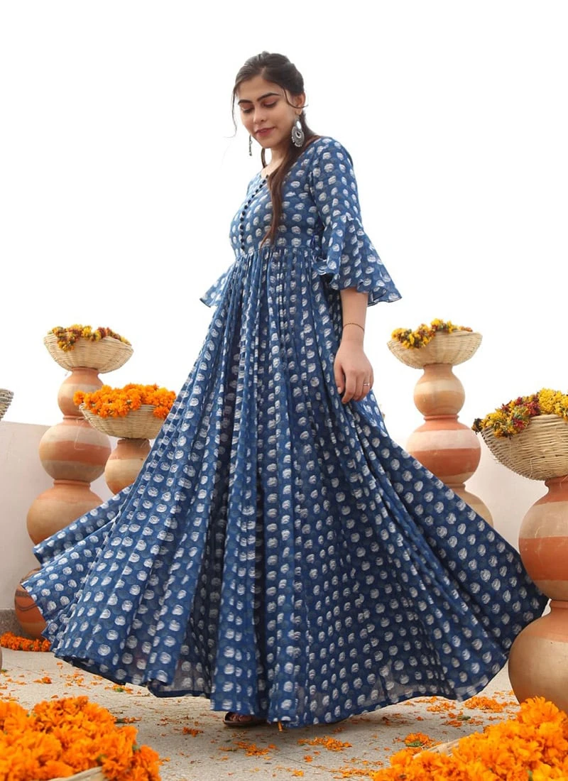 Cobalt Blue Cotton Printed Anarkali Gown After Six Wear 5 Cobalt Blue Cotton Printed Anarkali Gown After Six Wear - Image 3