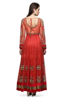 Coral Orange Net Embroidered Stone Work Anarkali Suit Party Wear -ZariGrace Shop coral orange net embroidered stone work anarkali suit slkifh9966000241 b