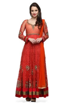 Coral Orange Net Embroidered Stone Work Anarkali Suit Party Wear -ZariGrace Shop coral orange net embroidered stone work anarkali suit slkifh9966000241 u