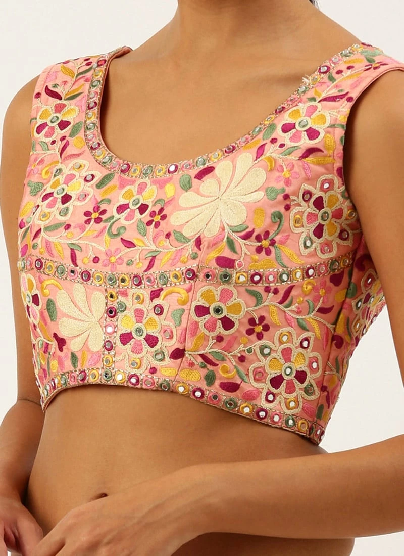 Coral Pink Silk Embroidered Work Blouse Party Wear 3 Coral Pink Silk Embroidered Work Blouse Party Wear