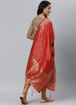 Coral Red Benarasi Silk Jacquard Woven Dupatta Festive Wear -ZariGrace Shop coral red benarasi silk jacquard woven dupatta dpsli1402105red b
