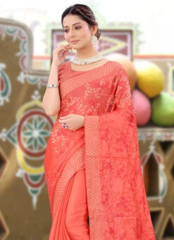 Coral Red Chinnon Embroidered N Stones Saree Party Wear 9 Coral Red Chinnon Embroidered N Stones Saree Party Wear -ZariGrace Shop coral red chinnon embroidered n stones saree sasnf5324 b