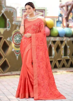 Coral Red Chinnon Embroidered N Stones Saree Party Wear 8 Coral Red Chinnon Embroidered N Stones Saree Party Wear -ZariGrace Shop coral red chinnon embroidered n stones saree sasnf5324 u