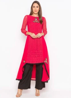 Coral Red Georgette Embroidered Kurta Palazzo Set After Six Wear -ZariGrace Shop coral red georgette embroidered kurta palazzo set krsmnc1945ks u
