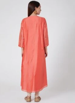 Coral Red Pure Chanderi Silk Embroidered Kurta Dhoti Set Party Wear -ZariGrace Shop coral red pure chanderi silk embroidered kurta dhoti set krsdvcsvks45 b