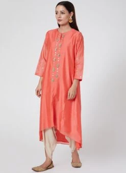 Coral Red Pure Chanderi Silk Embroidered Kurta Dhoti Set Party Wear -ZariGrace Shop coral red pure chanderi silk embroidered kurta dhoti set krsdvcsvks45 u