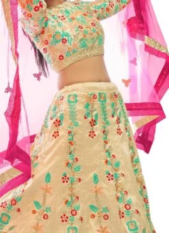 Cream Beige Art Silk Embroidery Umbrella Lehenga Party Wear
