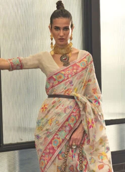 Cream Color Jacquard Woven Kashmiri Modal Silk Saree Festive Wear -ZariGrace Shop cream color jacquard woven kashmiri modal silk saree sasli1926311007 b