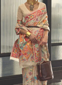 Cream Color Jacquard Woven Kashmiri Modal Silk Saree Festive Wear