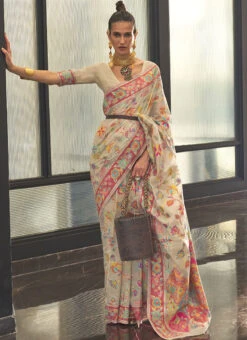 Cream Color Jacquard Woven Kashmiri Modal Silk Saree Festive Wear -ZariGrace Shop cream color jacquard woven kashmiri modal silk saree sasli1926311007 u