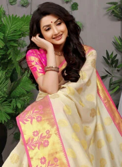 Cream Color Zari Work Patola Silk Saree Festive Wear -ZariGrace Shop cream color zari work patola silk saree sasom8415 b