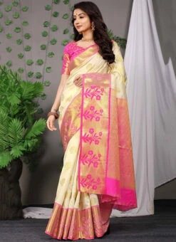 Cream Color Zari Work Patola Silk Saree Festive Wear -ZariGrace Shop cream color zari work patola silk saree sasom8415 u