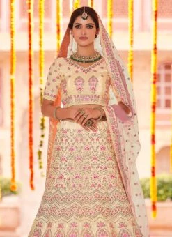Cream Crepe Embroidered N Stones A Line Lehenga Wedding Wear -ZariGrace Shop cream crepe embroidered n stones a line lehenga ghmkns7378603 b