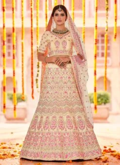 Cream Crepe Embroidered N Stones A Line Lehenga Wedding Wear -ZariGrace Shop cream crepe embroidered n stones a line lehenga ghmkns7378603 u