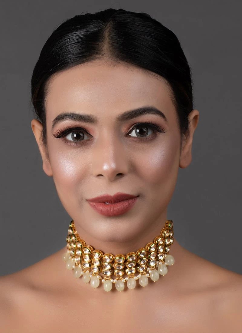 Cream Kundan N Beads Choker Set Party Wear 4 Cream Kundan N Beads Choker Set Party Wear - Image 2