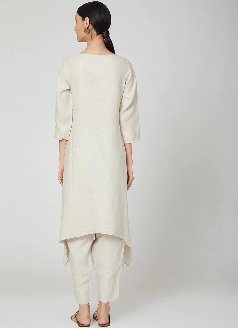 Cream Linen Kurta Straight Pant Set Work Wear 6 Cream Linen Kurta Straight Pant Set Work Wear - Image 4