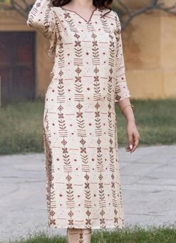 Cream Muslin Printed Kurta Straight Pant Set After Six Wear