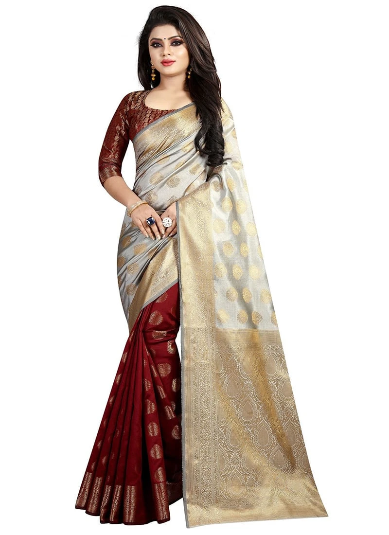 Cream N Maroon Uppada Art Silk Half N Half Saree Festive Wear 5 Cream N Maroon Uppada Art Silk Half N Half Saree Festive Wear - Image 3