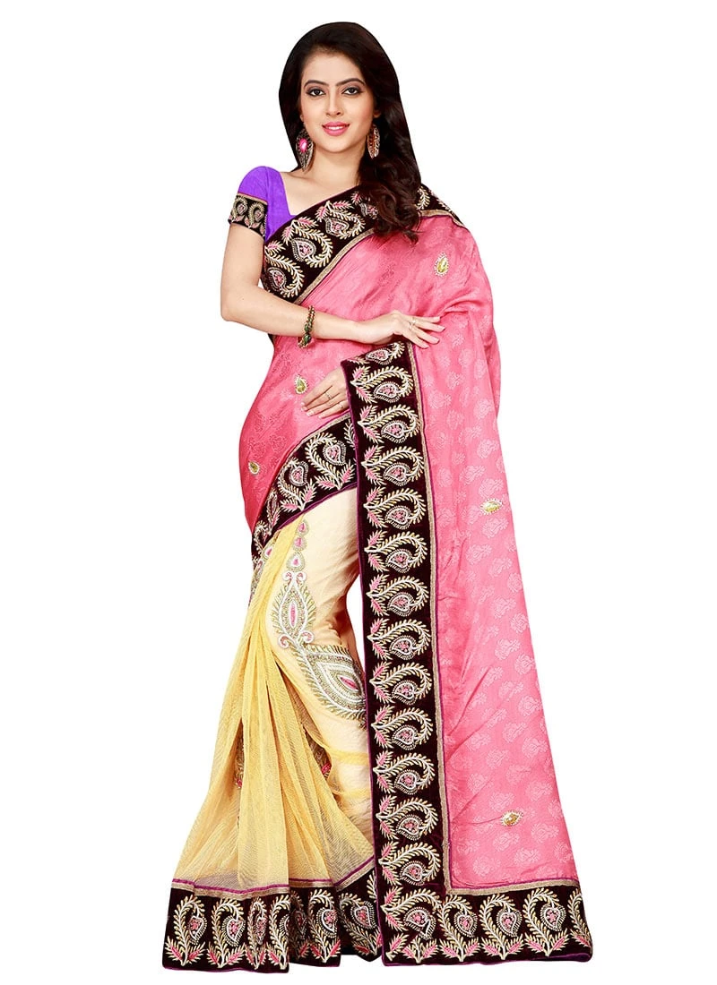 Cream N Pink Half N Half Saree Party Wear 5 Cream N Pink Half N Half Saree Party Wear - Image 3