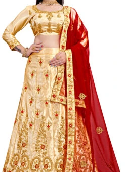 Cream N Red Satin Silk Embroidered A Line Lehenga Festive Wear