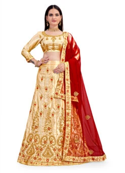 Cream N Red Satin Silk Embroidered A Line Lehenga Festive Wear -ZariGrace Shop cream n red satin silk embroidered a line lehenga ghsstsktmira7606 u